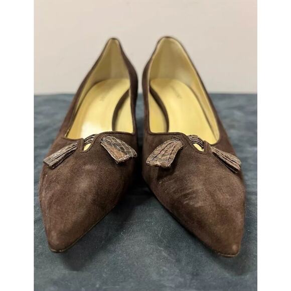 Sarah Flint Brown Suede & Snakeskin Bow Heel Pumps Size 11 US / 42 EUR - Picture 1 of 9